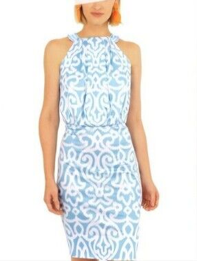 Gretchen Scott Designs Light Blue and White Halter Patterned Midi Dress M NWT